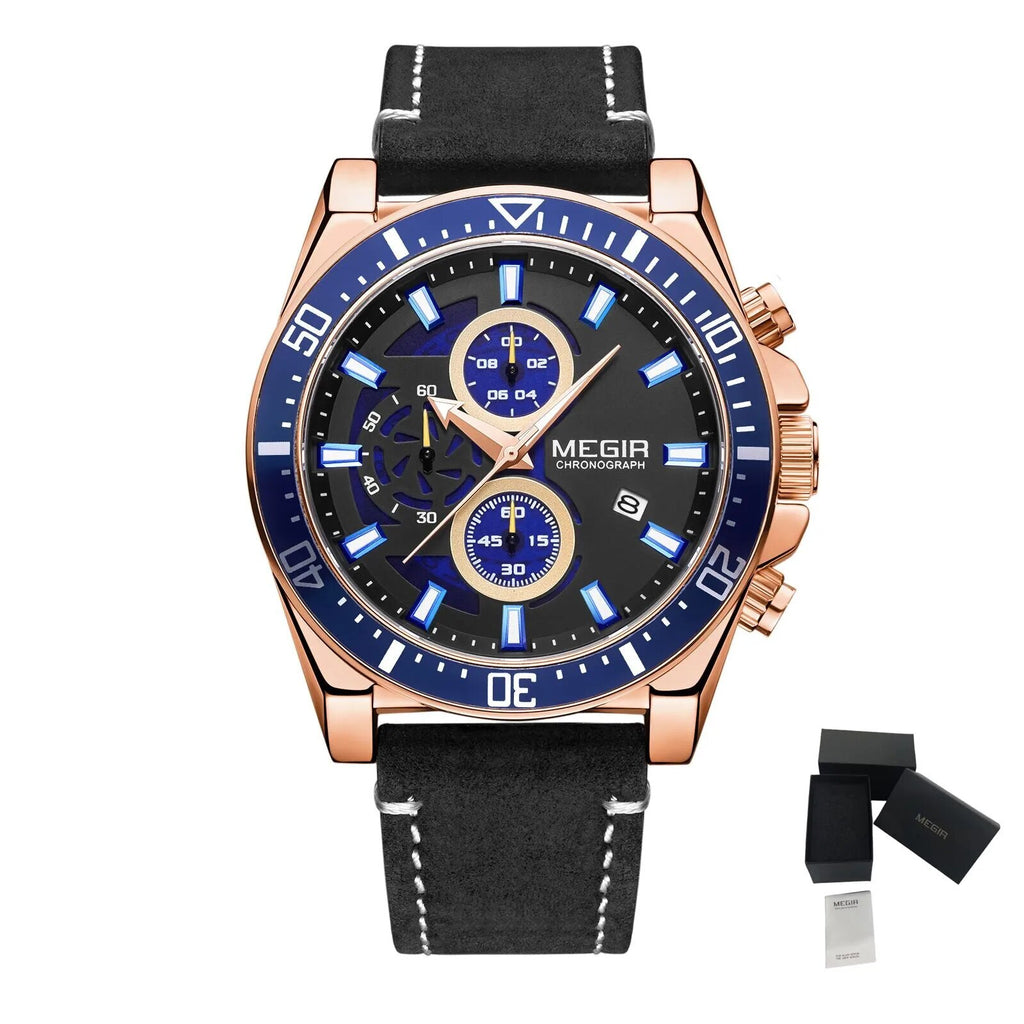 MEGIR Fashion Watches for Men Leather Strap Sport Military Wristwatch Man Quartz Watch Waterproof Chronograph with Calendar 2132-19