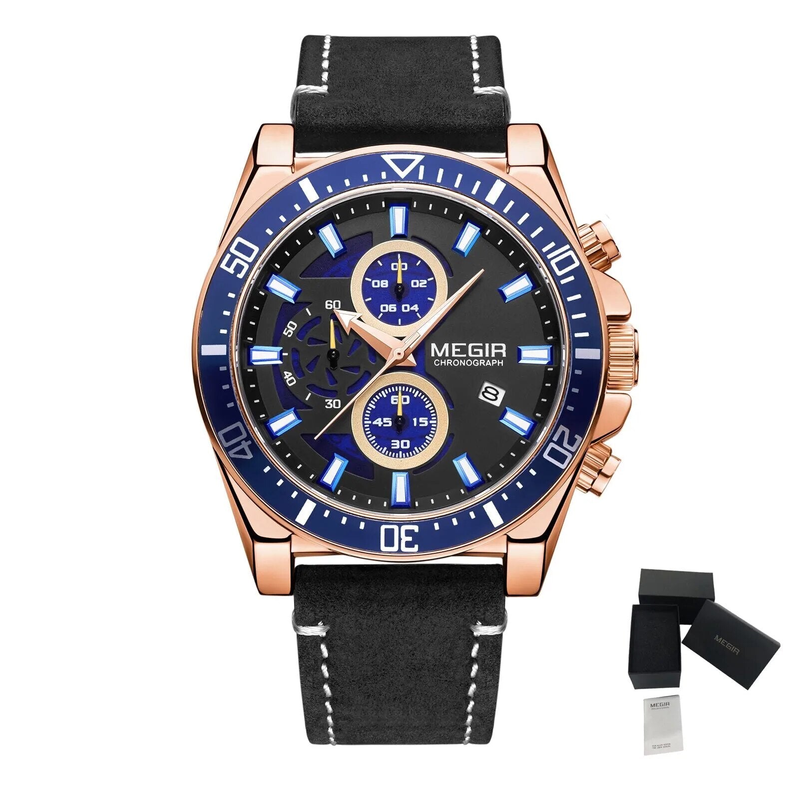 MEGIR Fashion Watches for Men Leather Strap Sport Military Wristwatch Man Quartz Watch Waterproof Chronograph with Calendar 2132-19