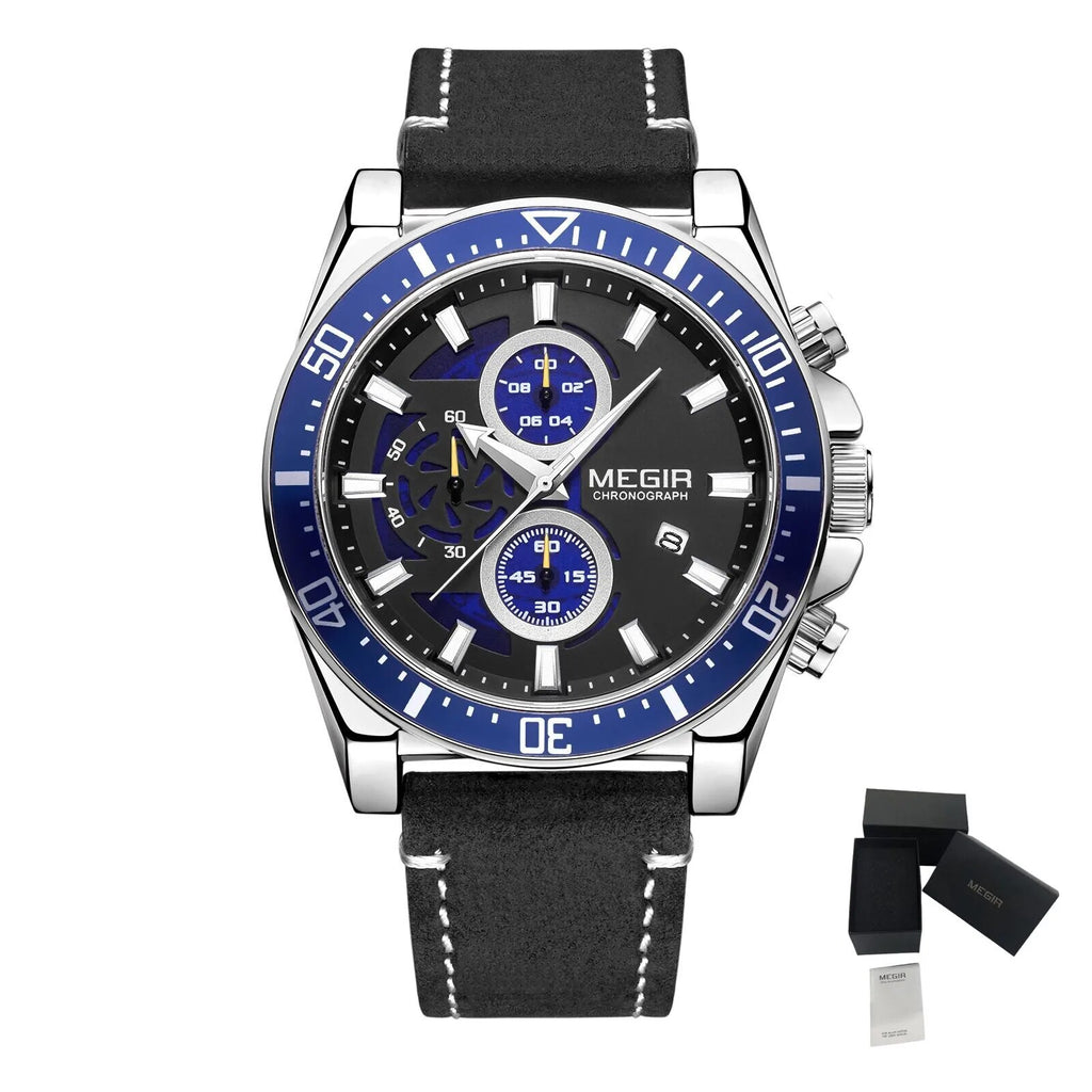 MEGIR Fashion Watches for Men Leather Strap Sport Military Wristwatch Man Quartz Watch Waterproof Chronograph with Calendar 2132-21