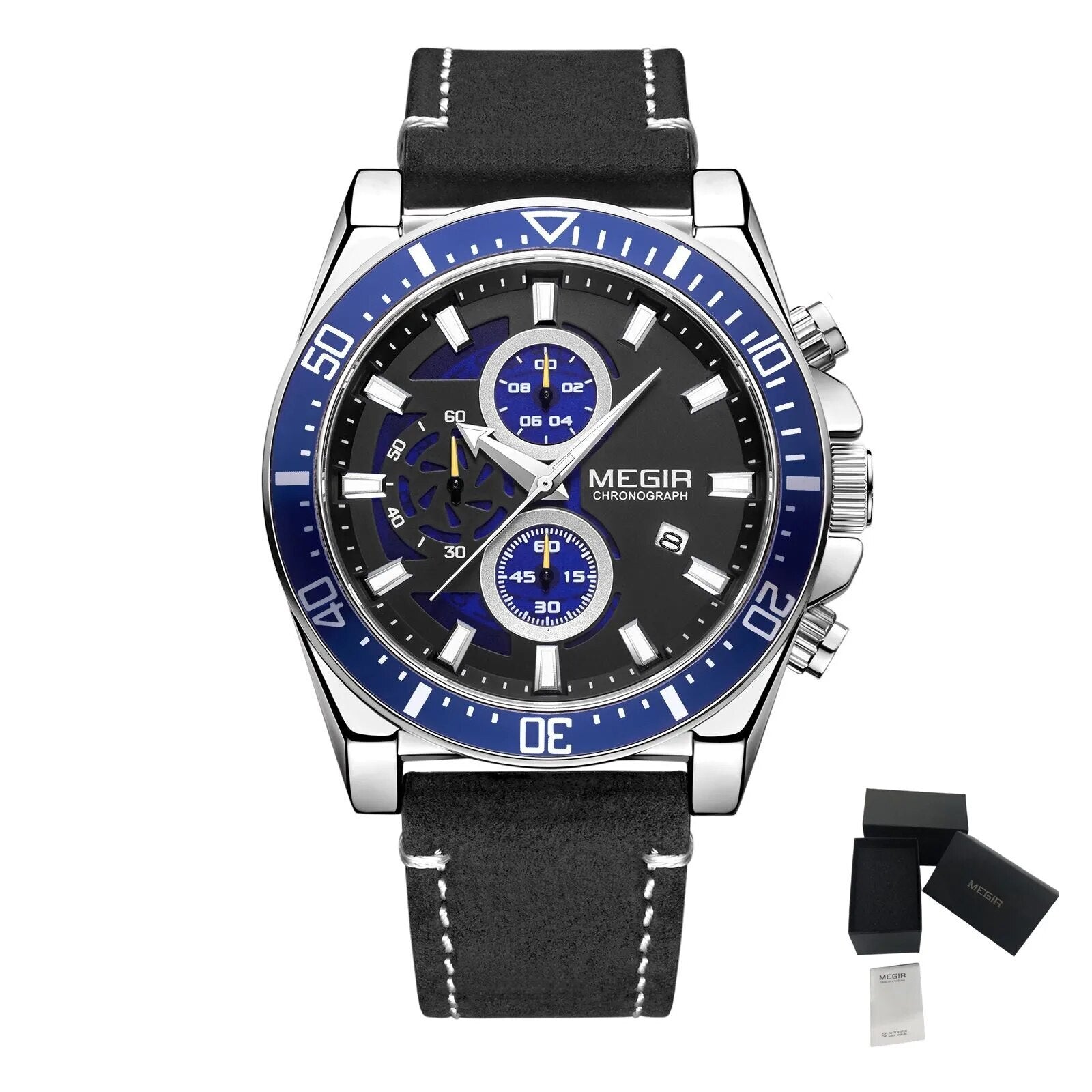 MEGIR Fashion Watches for Men Leather Strap Sport Military Wristwatch Man Quartz Watch Waterproof Chronograph with Calendar 2132-21