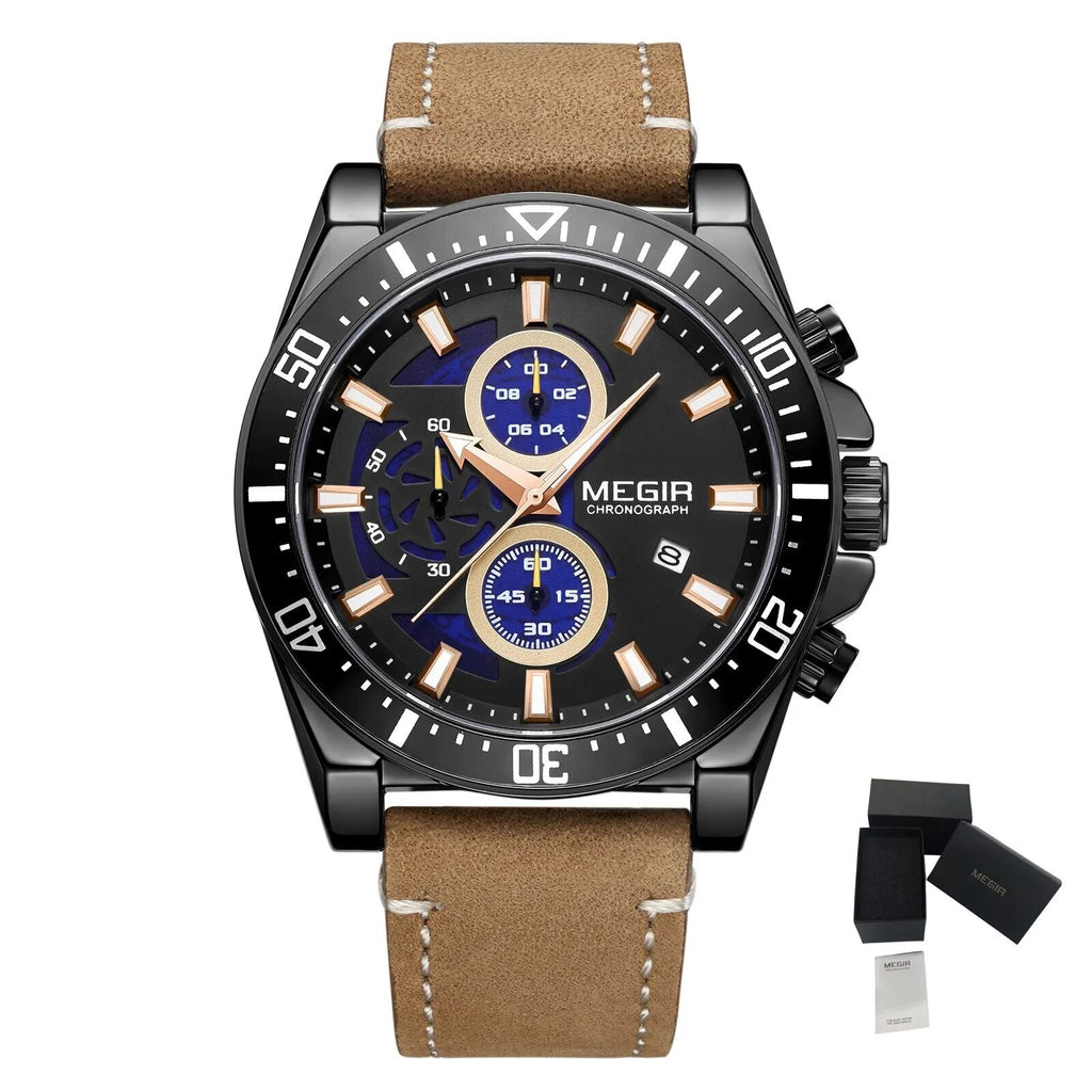 MEGIR Fashion Watches for Men Leather Strap Sport Military Wristwatch Man Quartz Watch Waterproof Chronograph with Calendar 2132-20