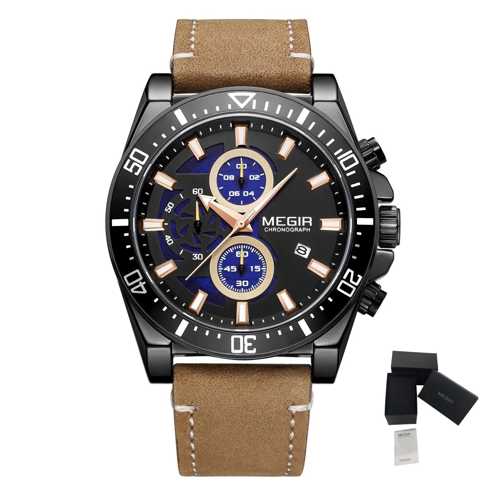 MEGIR Fashion Watches for Men Leather Strap Sport Military Wristwatch Man Quartz Watch Waterproof Chronograph with Calendar 2132-20