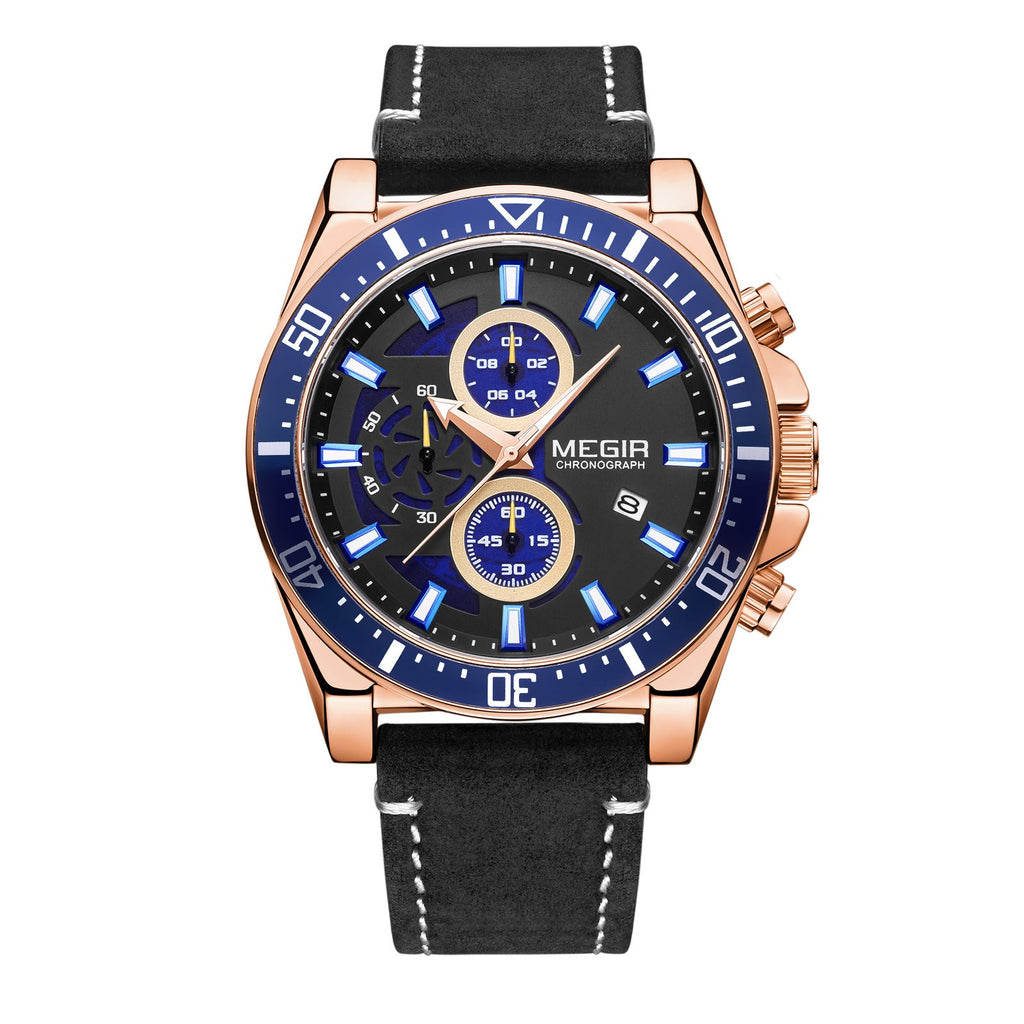 MEGIR Fashion Watches for Men Leather Strap Sport Military Wristwatch Man Quartz Watch Waterproof Chronograph with Calendar 2132-14