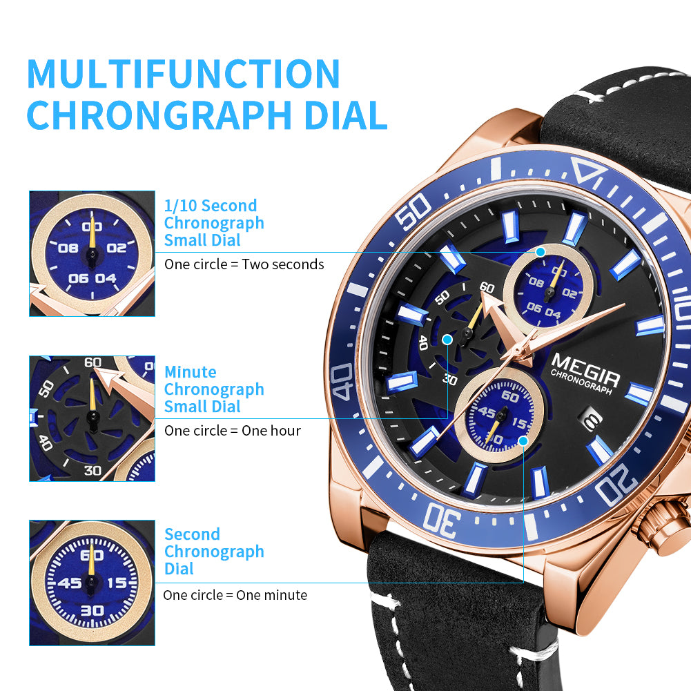 MEGIR Fashion Watches for Men Leather Strap Sport Military Wristwatch Man Quartz Watch Waterproof Chronograph with Calendar 2132-10