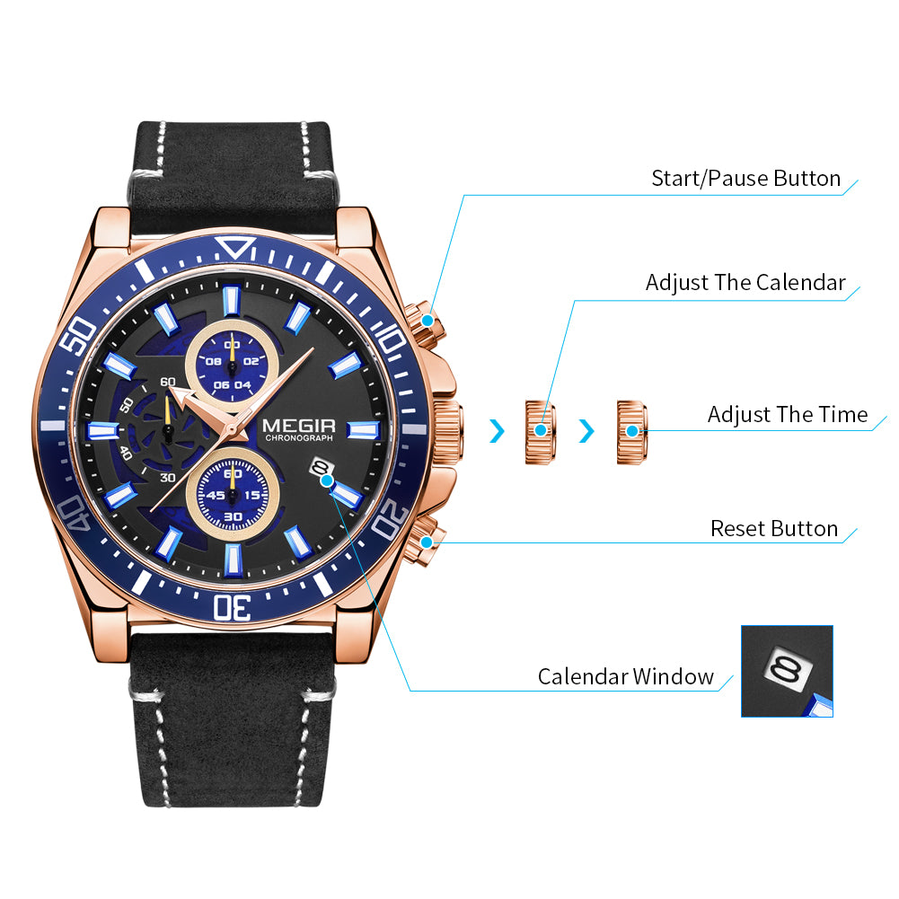 MEGIR Fashion Watches for Men Leather Strap Sport Military Wristwatch Man Quartz Watch Waterproof Chronograph with Calendar 2132-11