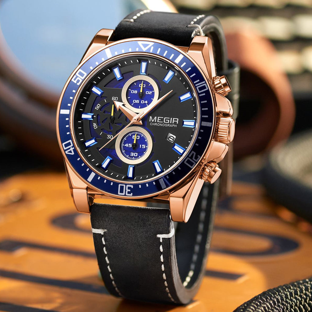 MEGIR Fashion Watches for Men Leather Strap Sport Military Wristwatch Man Quartz Watch Waterproof Chronograph with Calendar 2132-5
