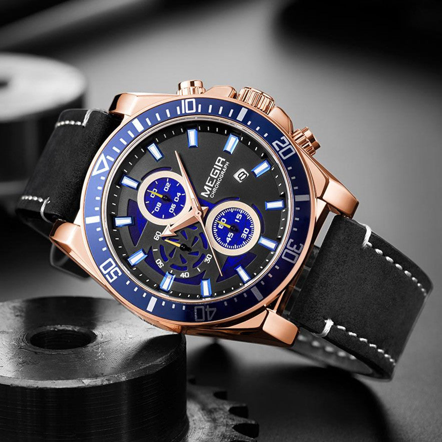 MEGIR Fashion Watches for Men Leather Strap Sport Military Wristwatch Man Quartz Watch Waterproof Chronograph with Calendar 2132-6