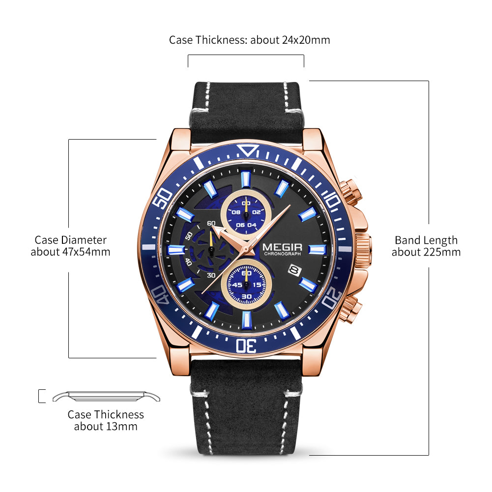 MEGIR Fashion Watches for Men Leather Strap Sport Military Wristwatch Man Quartz Watch Waterproof Chronograph with Calendar 2132-12
