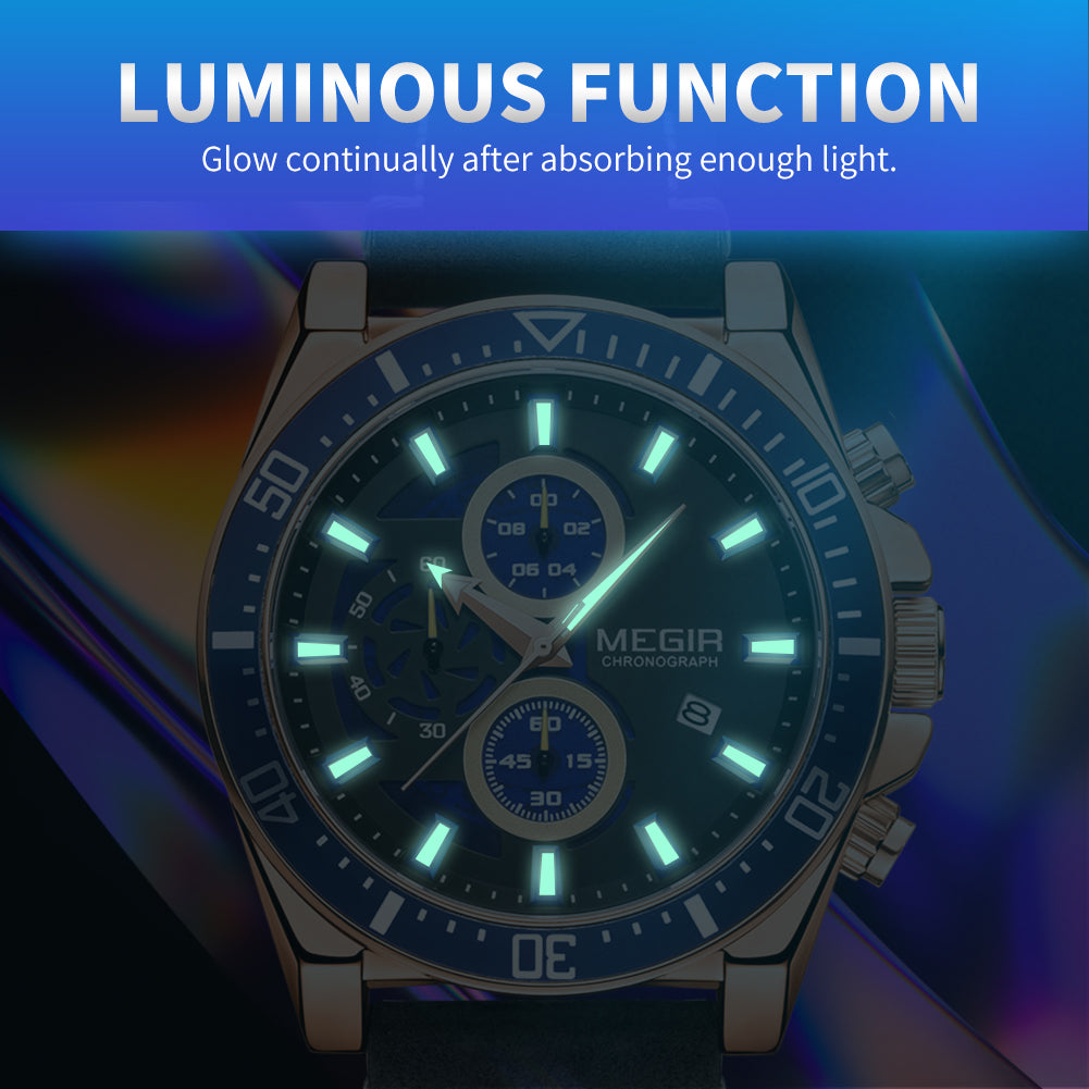 MEGIR Fashion Watches for Men Leather Strap Sport Military Wristwatch Man Quartz Watch Waterproof Chronograph with Calendar 2132-9