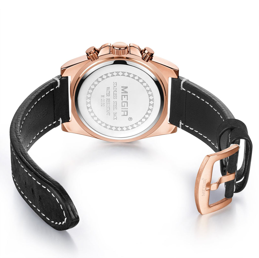 MEGIR Fashion Watches for Men Leather Strap Sport Military Wristwatch Man Quartz Watch Waterproof Chronograph with Calendar 2132-17
