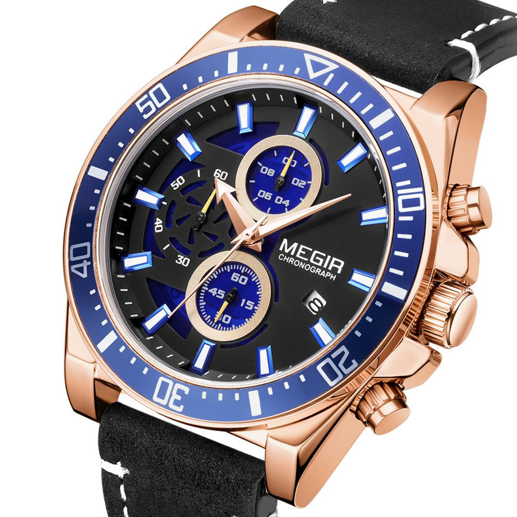 MEGIR Fashion Watches for Men Leather Strap Sport Military Wristwatch Man Quartz Watch Waterproof Chronograph with Calendar 2132-13