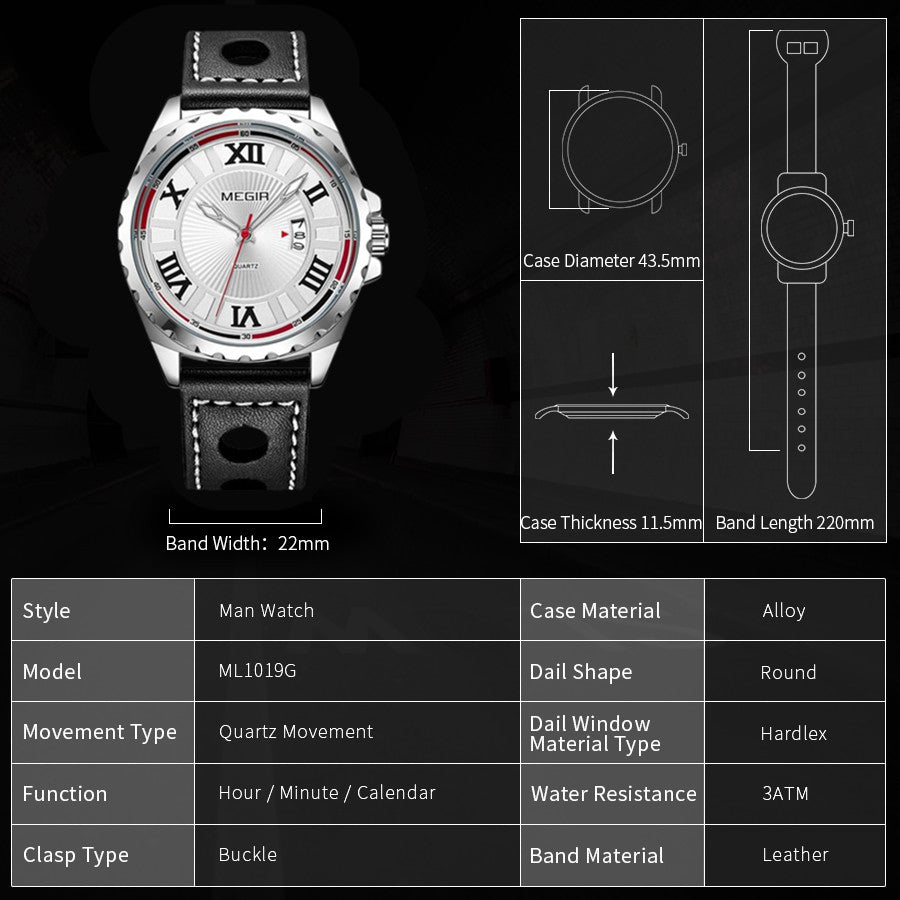MEGIR Sport Men Watch Top Brand Leather Quartz Watches Man Clock Time Fashion Military Wristwatches Calendar Reloj Hombre 1019-5