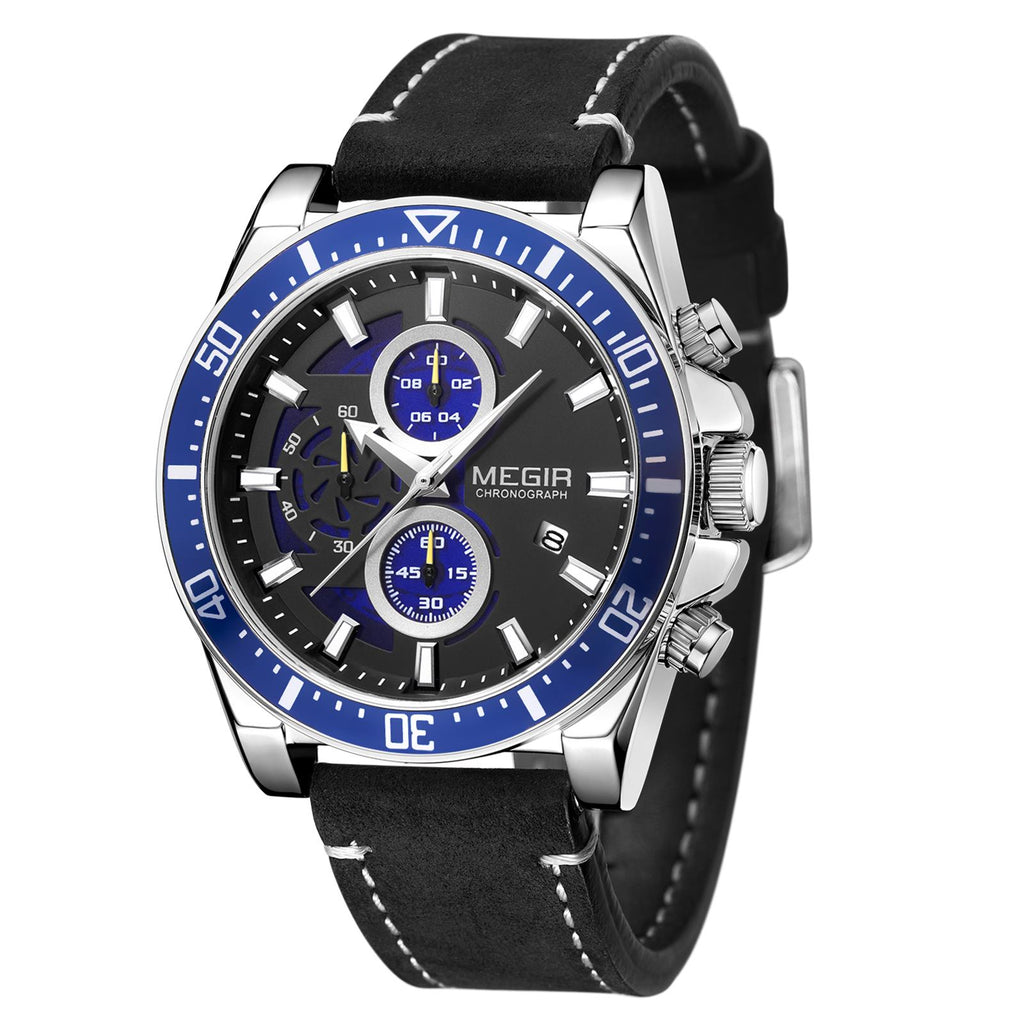 MEGIR Fashion Watches for Men Leather Strap Sport Military Wristwatch Man Quartz Watch Waterproof Chronograph with Calendar 2132-15