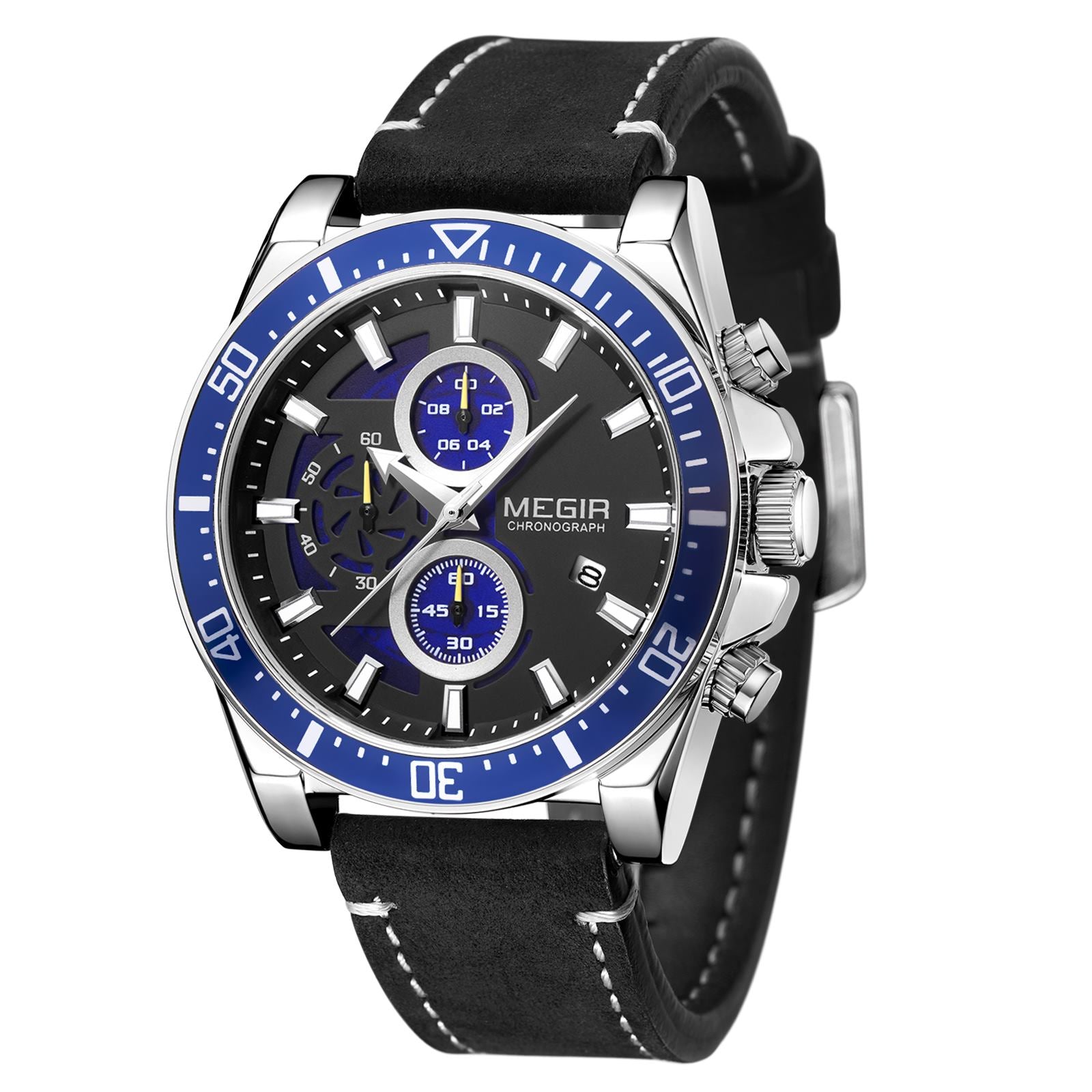 MEGIR Fashion Watches for Men Leather Strap Sport Military Wristwatch Man Quartz Watch Waterproof Chronograph with Calendar 2132-15