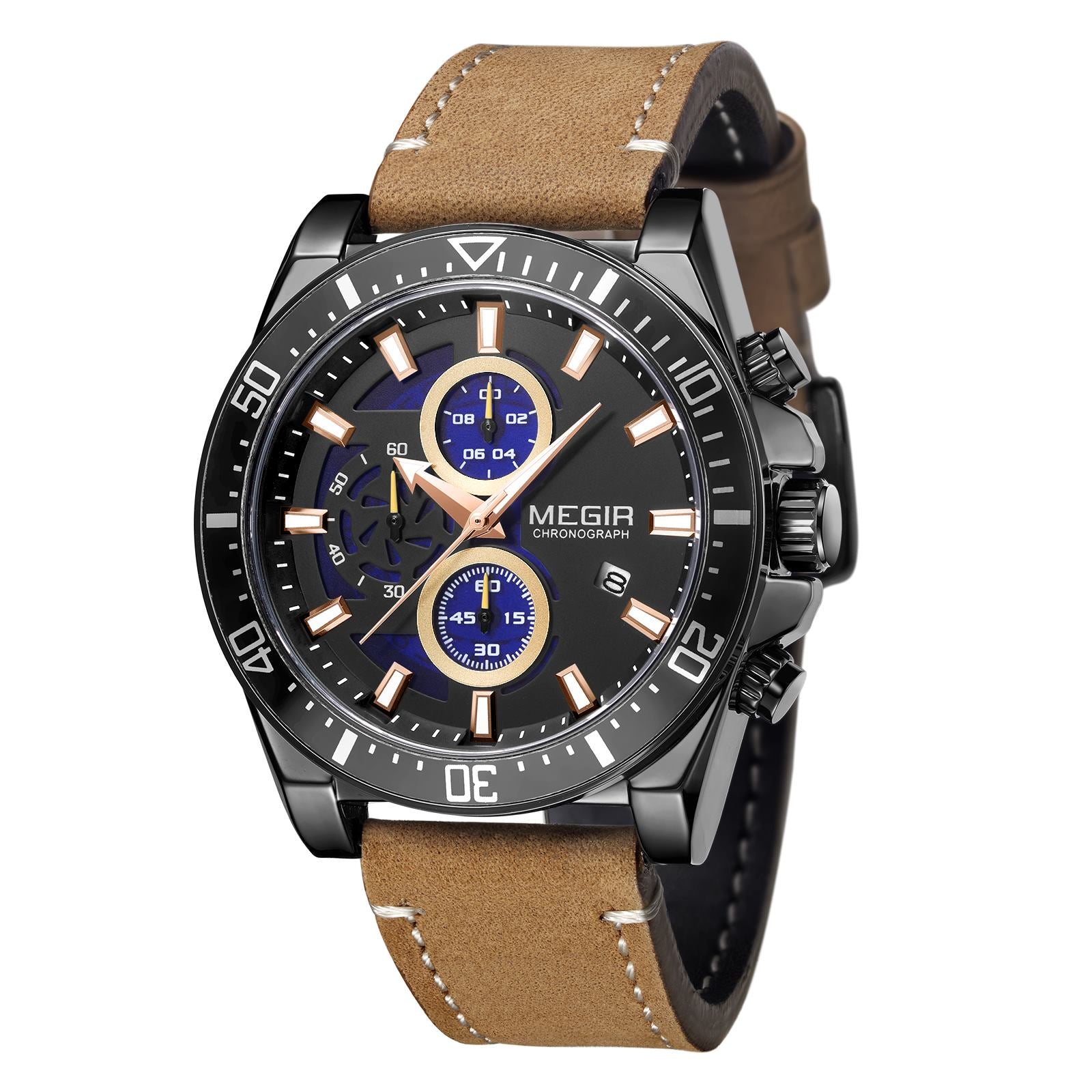 MEGIR Fashion Watches for Men Leather Strap Sport Military Wristwatch Man Quartz Watch Waterproof Chronograph with Calendar 2132-16