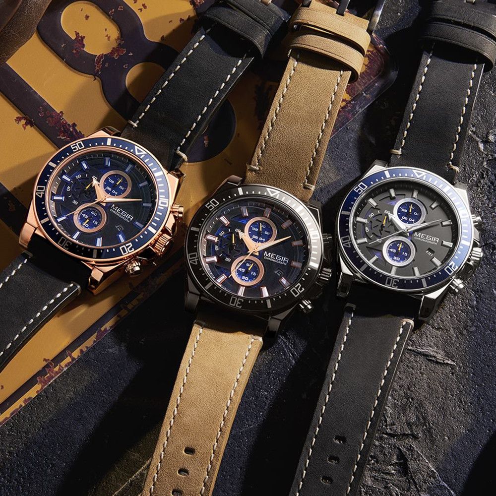 MEGIR Fashion Watches for Men Leather Strap Sport Military Wristwatch Man Quartz Watch Waterproof Chronograph with Calendar 2132-7
