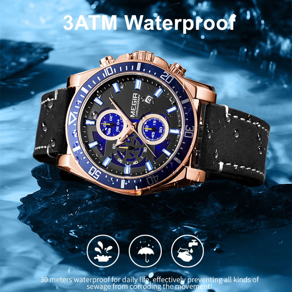 MEGIR Fashion Watches for Men Leather Strap Sport Military Wristwatch Man Quartz Watch Waterproof Chronograph with Calendar 2132-8