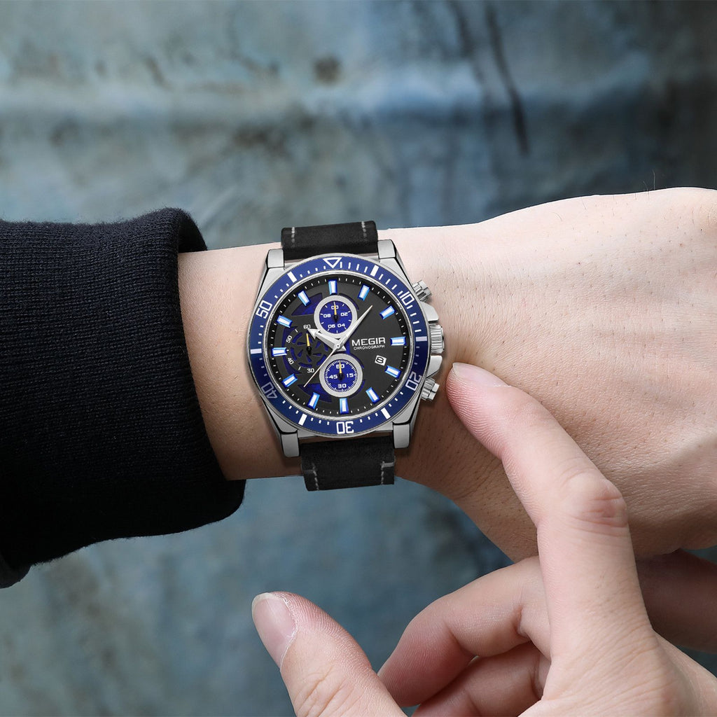 MEGIR Fashion Watches for Men Leather Strap Sport Military Wristwatch Man Quartz Watch Waterproof Chronograph with Calendar 2132-2